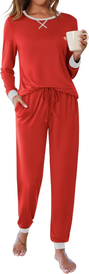 Ekouaer Women's Pajamas Sets Long Sleeve Pjs Soft Sleepwear O Neck 2 Piece Joggers Loung Set with Pockets Red X-Large