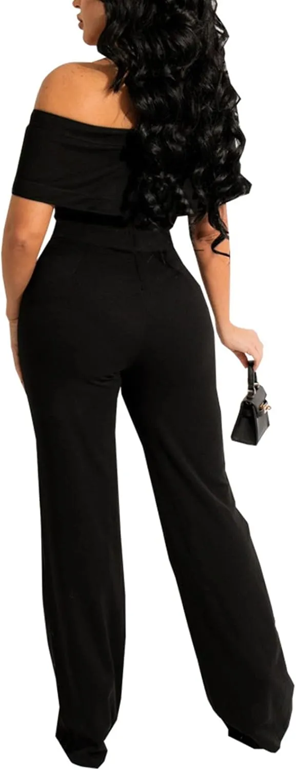 Elegant Off Shlouder Jumpsuits for Women - High Waist Wide Leg Long Pants Jumpsuit Romper One Piece Club Outfit