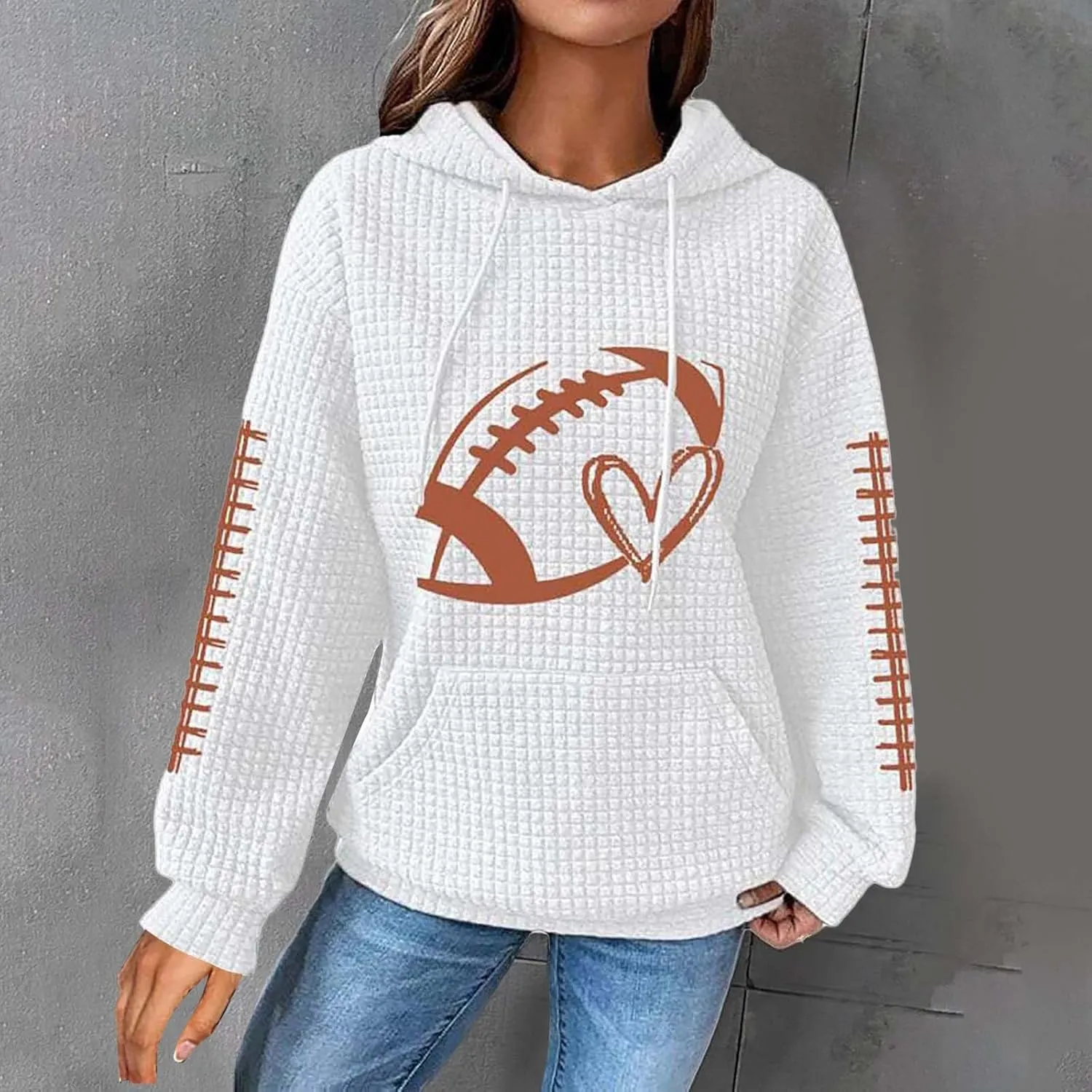 Game Day Football Hoodie For Women Graphic Print Sunday Waffle Knit Sweatshirt Casual Long Sleeve Crewneck Fall Pullover