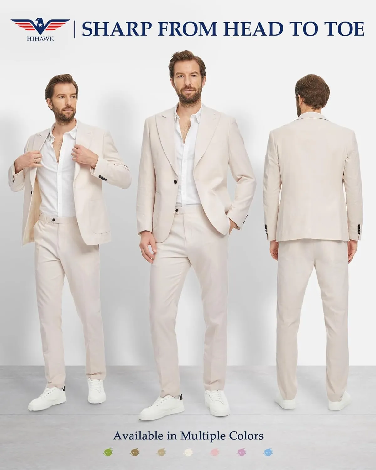 Hihawk Linen Suit for Men, 2 Pieces Casual Blazer and Pants, Summer Beach Wedding Suit Groomsmen Prom Tuxedo