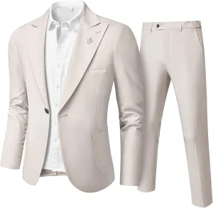 Hihawk Linen Suit for Men, 2 Pieces Casual Blazer and Pants, Summer Beach Wedding Suit Groomsmen Prom Tuxedo