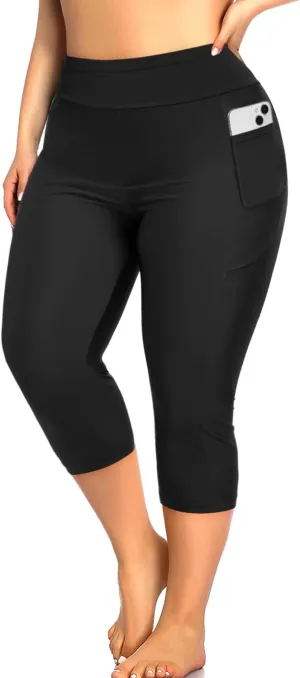 Holipick Plus Size Swim Pants for Women Swim Capris High Waisted Swim Leggings UPF 50  Long Swim Shorts