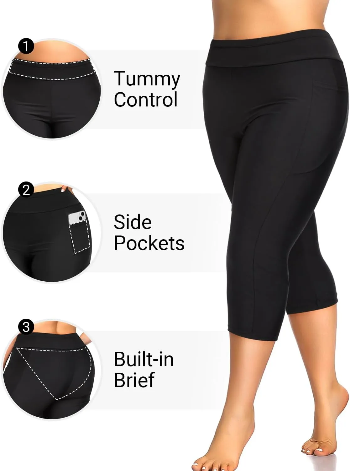 Holipick Plus Size Swim Pants for Women Swim Capris High Waisted Swim Leggings UPF 50  Long Swim Shorts