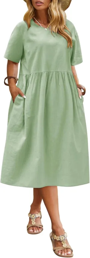 IN'VOLAND Plus Size Cotton Linen Dresses for Women Short Sleeve Summer Midi Dress with Pockets