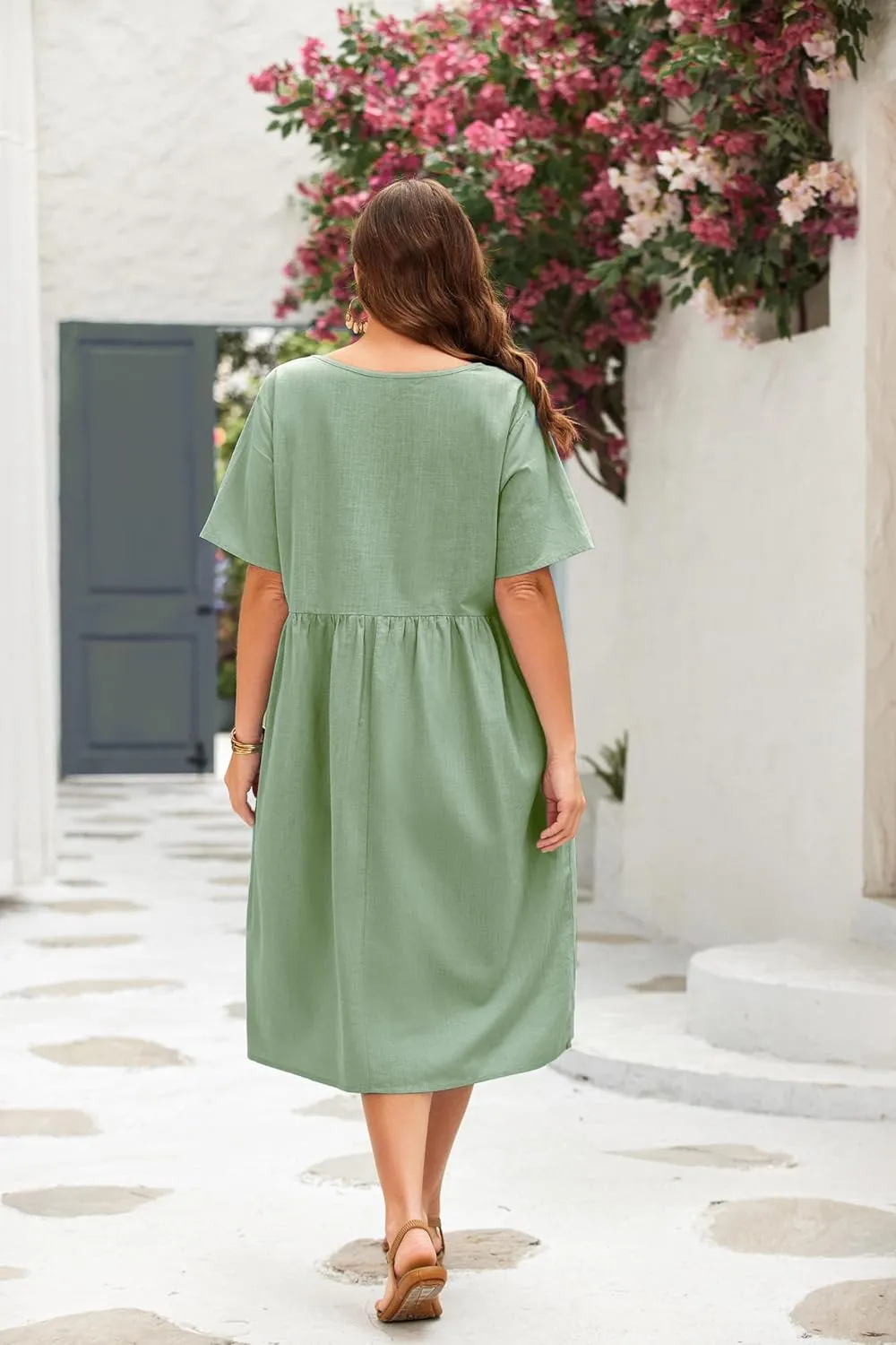 IN'VOLAND Plus Size Cotton Linen Dresses for Women Short Sleeve Summer Midi Dress with Pockets