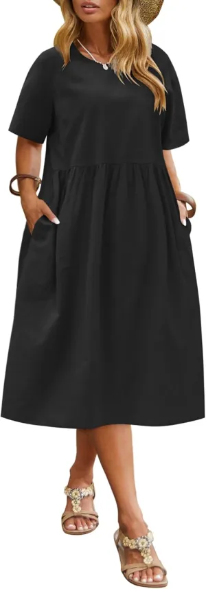 IN'VOLAND Plus Size Cotton Linen Dresses for Women Short Sleeve Summer Midi Dress with Pockets