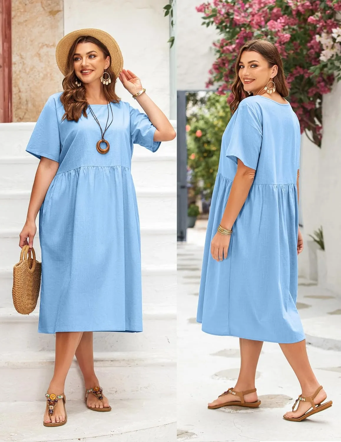 IN'VOLAND Plus Size Cotton Linen Dresses for Women Short Sleeve Summer Midi Dress with Pockets