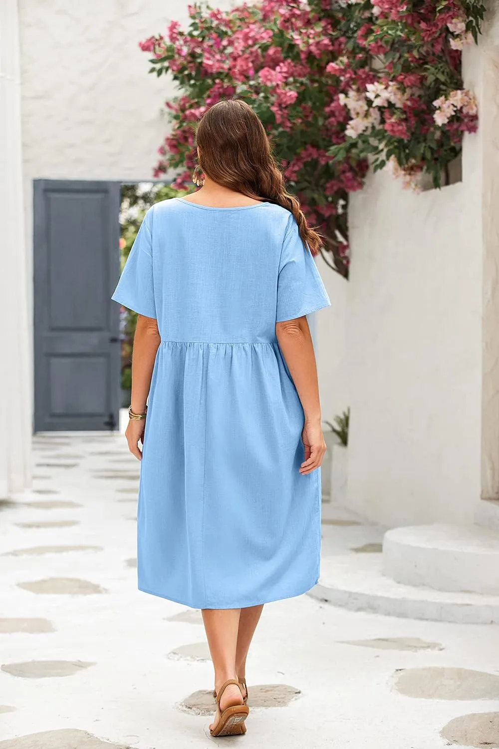IN'VOLAND Plus Size Cotton Linen Dresses for Women Short Sleeve Summer Midi Dress with Pockets