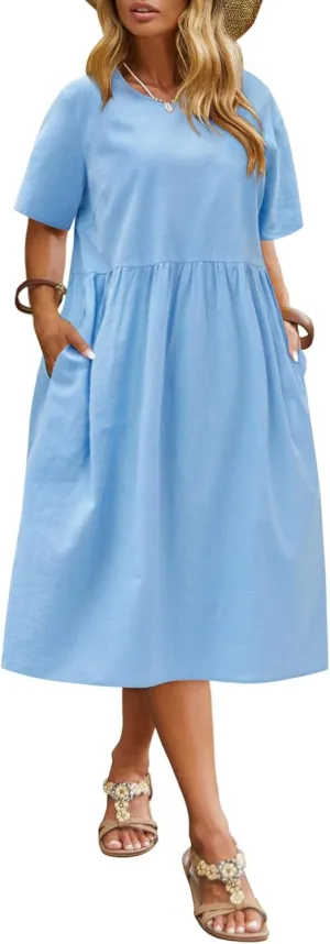 IN'VOLAND Plus Size Cotton Linen Dresses for Women Short Sleeve Summer Midi Dress with Pockets