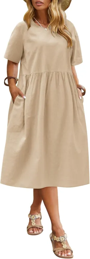 IN'VOLAND Plus Size Linen Dress for Women Summer Short Sleeve Casual Chinese Dress Linen Midi Dresses Khaki