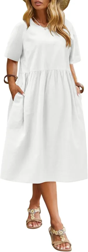 IN'VOLAND Plus Size Loose Cotton Linen Dresses Summer Casual Midi Dresses with Pockets Spring White
