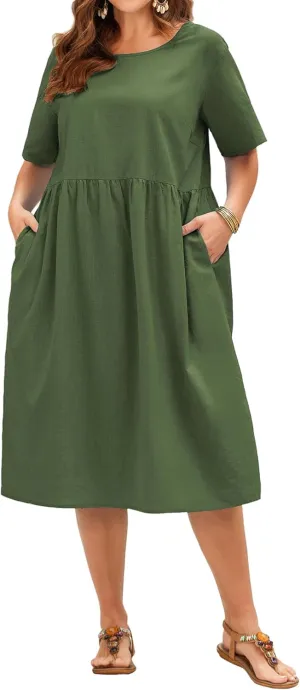 IN'VOLAND Plus Size Women's Summer Maxi Linen Dresses Casual Loose Pockets Long Dress Short Sleeve Army Green