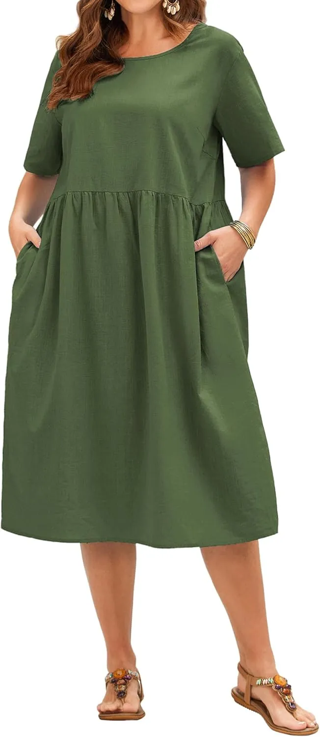 IN'VOLAND Plus Size Women's Summer Maxi Linen Dresses Casual Loose Pockets Long Dress Short Sleeve Army Green