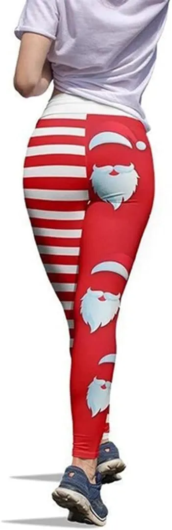 JIFRE Soft High Waist Santa Stripe Print Legging Hip Lift Slim Yoga Pants for Christmas Sportwear Fitness Running