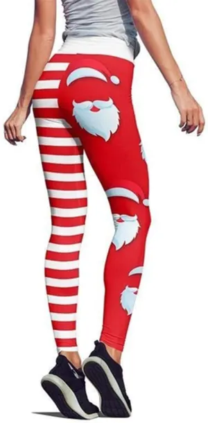 JIFRE Soft High Waist Santa Stripe Print Legging Hip Lift Slim Yoga Pants for Christmas Sportwear Fitness Running