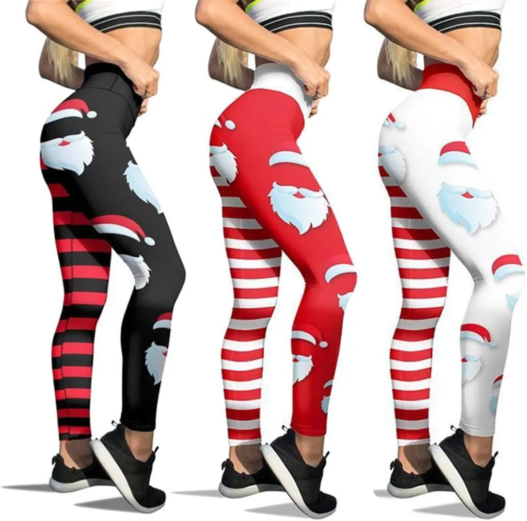 JIFRE Soft High Waist Santa Stripe Print Legging Hip Lift Slim Yoga Pants for Christmas Sportwear Fitness Running