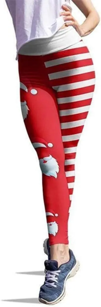 JIFRE Soft High Waist Santa Stripe Print Legging Hip Lift Slim Yoga Pants for Christmas Sportwear Fitness Running