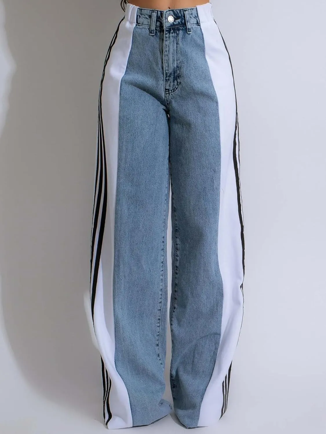 KANSOON Jeans for Women with Patchwork Stripes High Waisted Straight Stretchy Loose Color Block Wide Leg Denim Pants