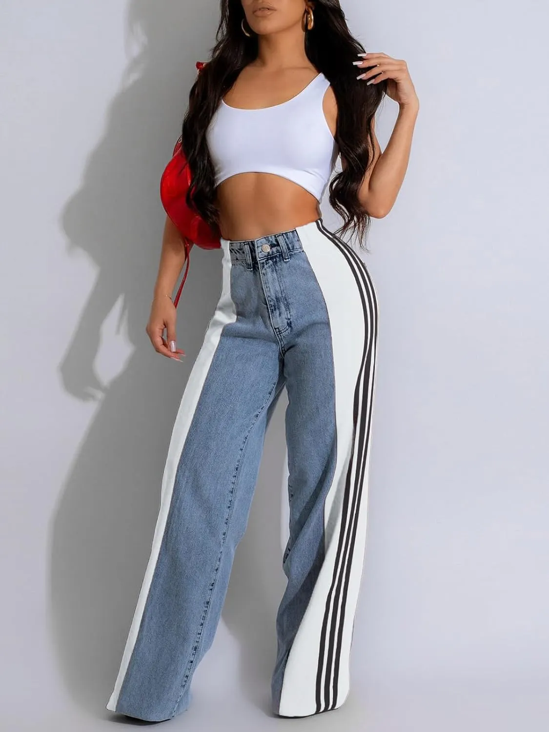 KANSOON Jeans for Women with Patchwork Stripes High Waisted Straight Stretchy Loose Color Block Wide Leg Denim Pants