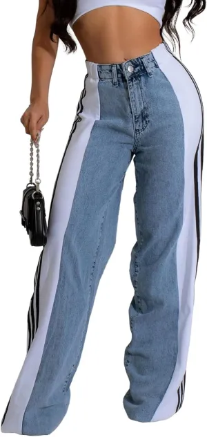 KANSOON Jeans for Women with Patchwork Stripes High Waisted Straight Stretchy Loose Color Block Wide Leg Denim Pants