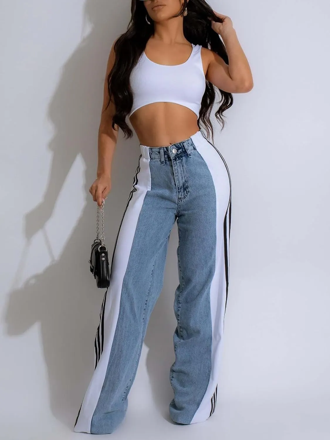 KANSOON Jeans for Women with Patchwork Stripes High Waisted Straight Stretchy Loose Color Block Wide Leg Denim Pants