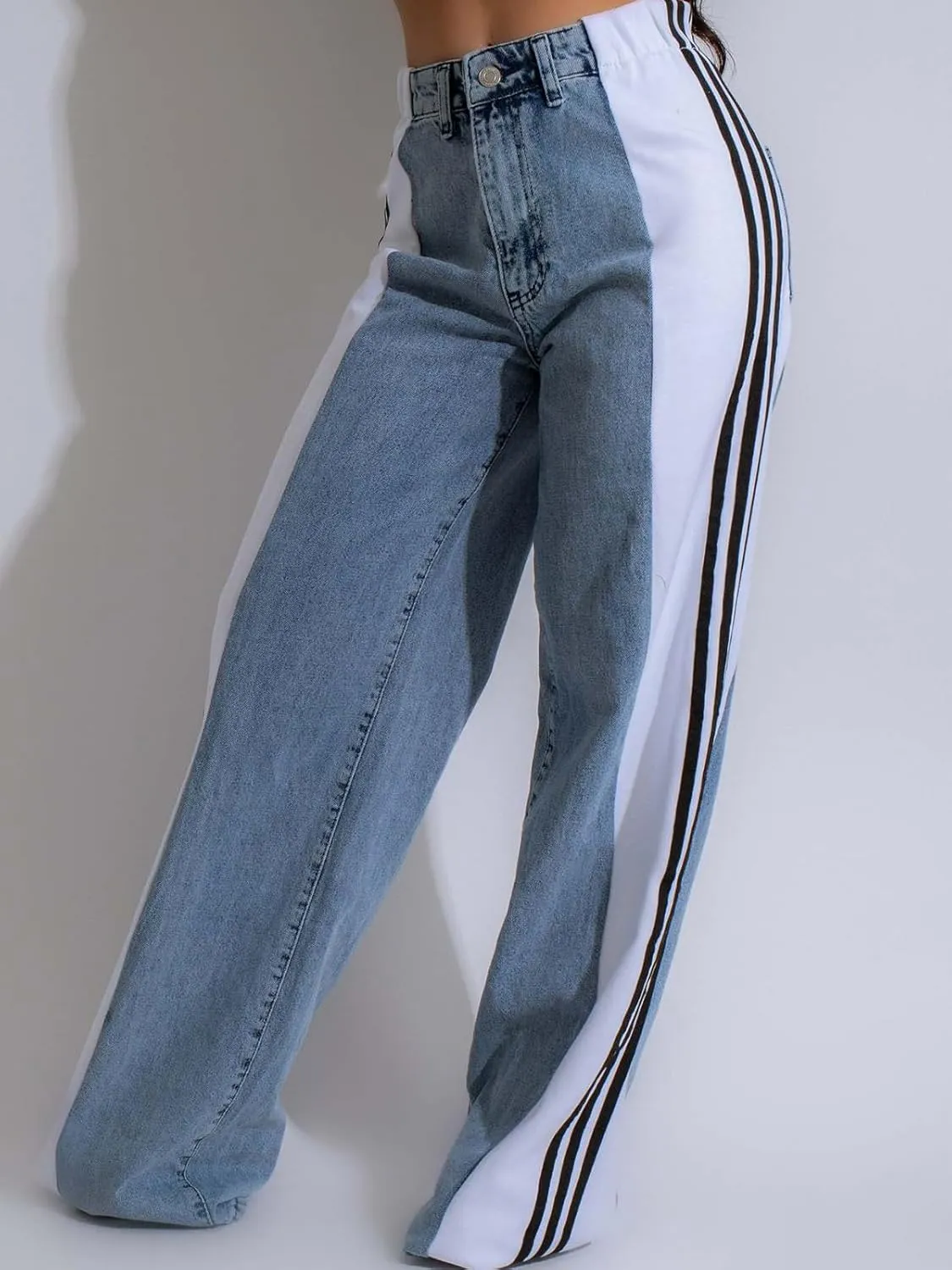 KANSOON Jeans for Women with Patchwork Stripes High Waisted Straight Stretchy Loose Color Block Wide Leg Denim Pants