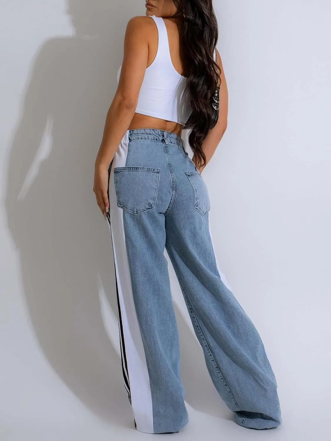 KANSOON Jeans for Women with Patchwork Stripes High Waisted Straight Stretchy Loose Color Block Wide Leg Denim Pants