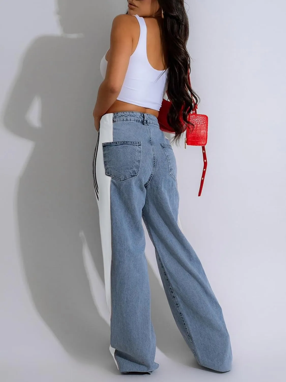 KANSOON Jeans for Women with Patchwork Stripes High Waisted Straight Stretchy Loose Color Block Wide Leg Denim Pants