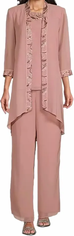 Le Bos Women's Elegant Layered Chiffon Pant Suit with Embellished Trim, Rose Gold, 8