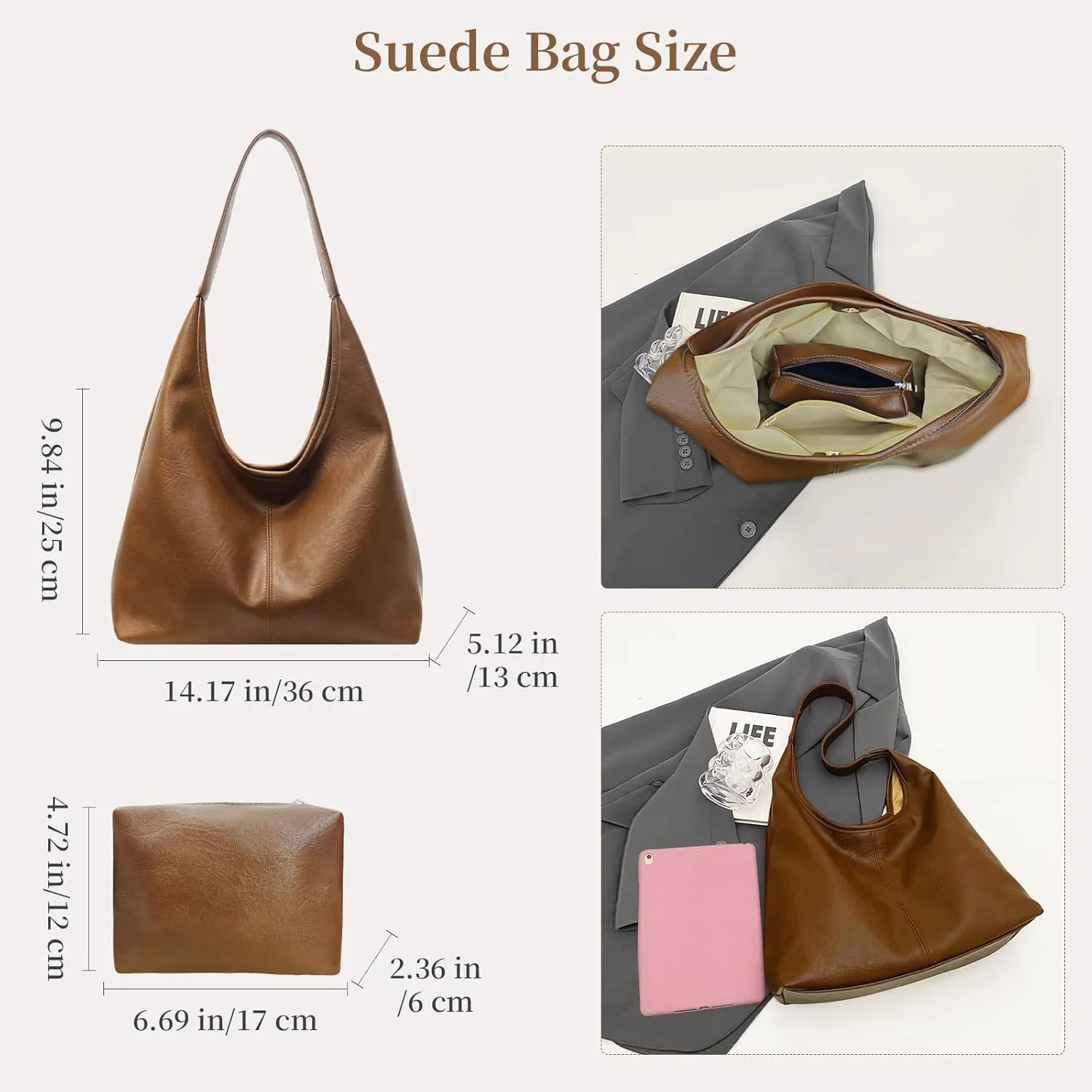 Leather Hobo Bags for Women Slouchy Tote Bag Retro PU Leather Purse Soft Shoulder Handbags Large Work Tote Bag 2pcs