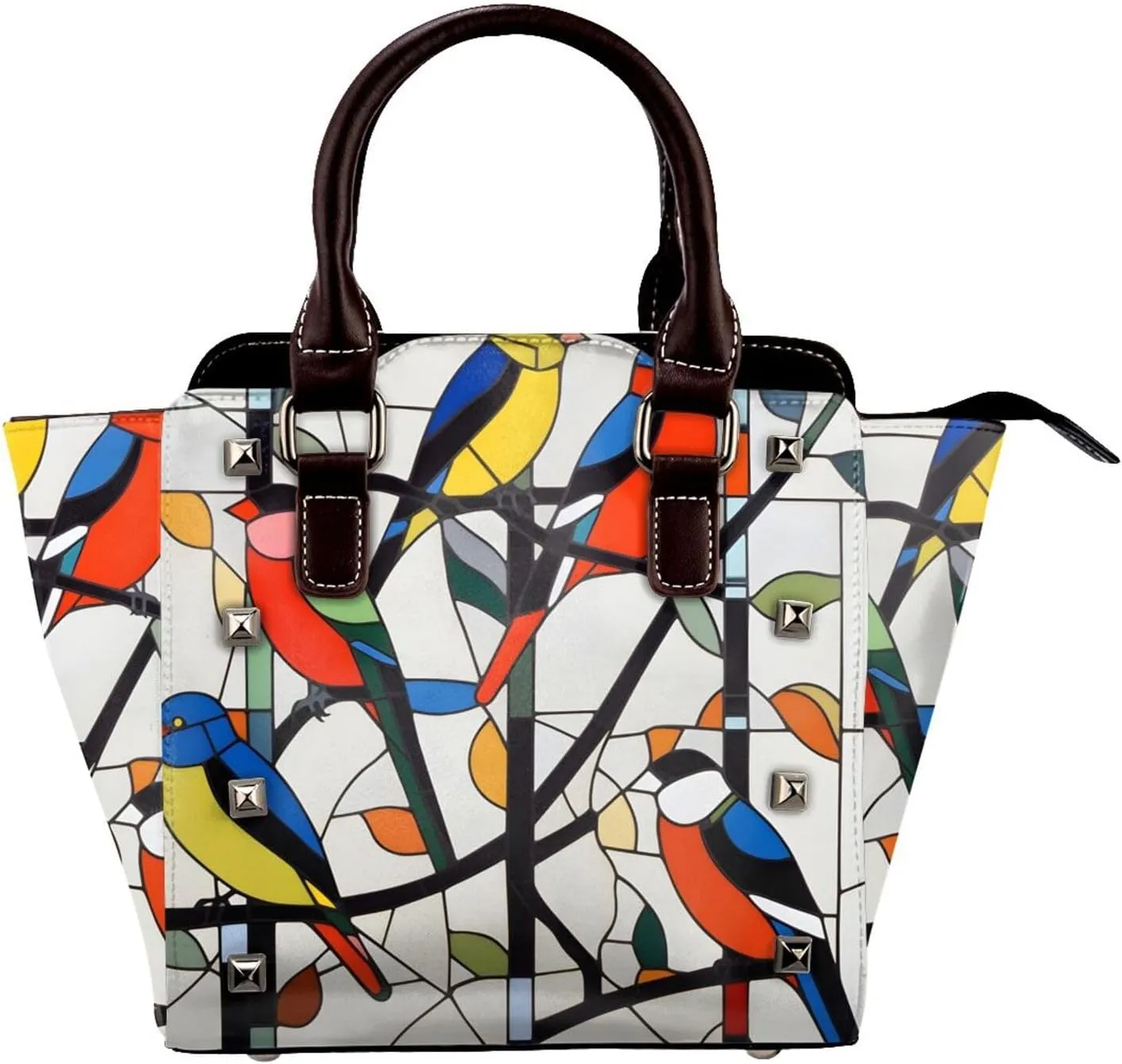 Leather Shoulder Bag for Women, Abstract Bird Studded Purse Colorful Art Crossbody Handbags Punk Hobo Bag with Adjustable Strap