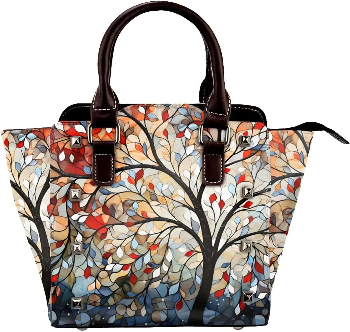 Leather Shoulder Bag for Women, Abstract Colorful Tree Studded Purse Geometric Crossbody Handbags Punk Hobo Bag with Adjustable Strap