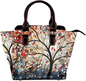 Leather Shoulder Bag for Women, Abstract Colorful Tree Studded Purse Geometric Crossbody Handbags Punk Hobo Bag with Adjustable Strap