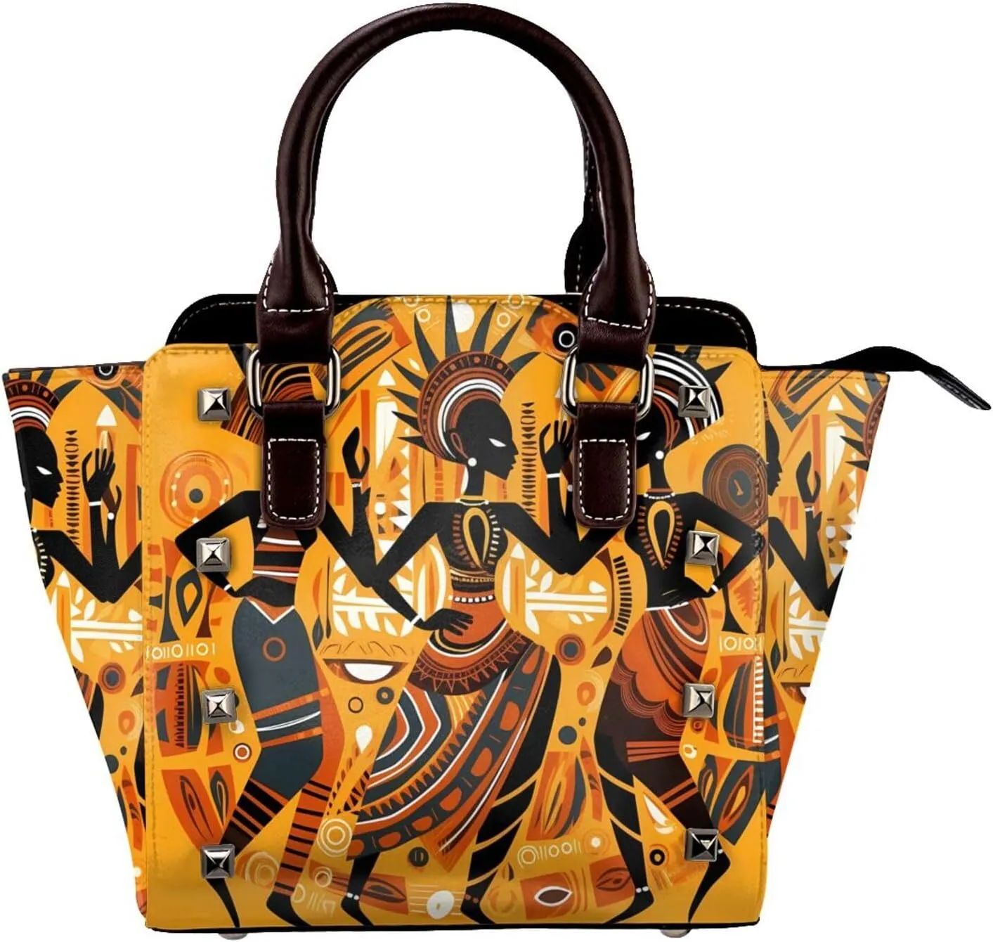 Leather Shoulder Bag for Women, African Dancing Women Studded Purse Ethnic Crossbody Handbags Punk Hobo Bag with Adjustable Strap
