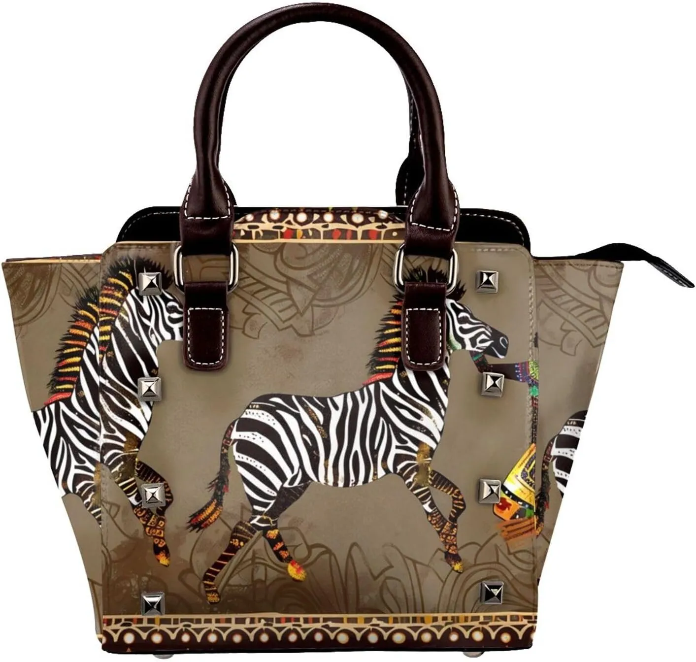 Leather Shoulder Bag for Women, African Zebra Studded Purse Ethnic Dancer Crossbody Handbags Punk Hobo Bag with Adjustable Strap
