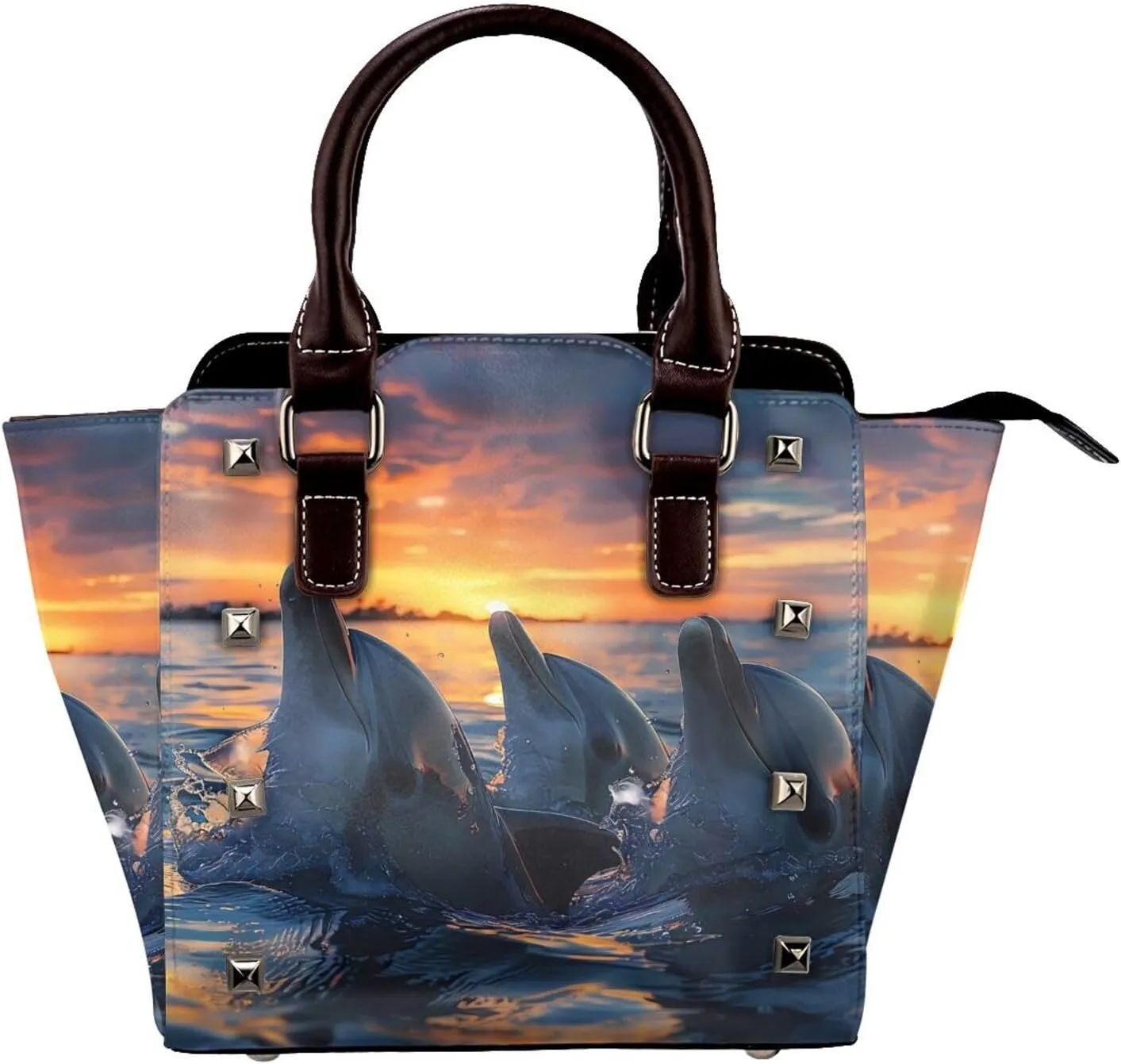 Leather Shoulder Bag for Women, Animal Dolphin Studded Purse Sea Ocean Crossbody Handbags Punk Hobo Bag with Adjustable Strap
