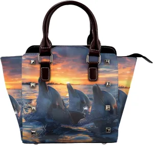 Leather Shoulder Bag for Women, Animal Dolphin Studded Purse Sea Ocean Crossbody Handbags Punk Hobo Bag with Adjustable Strap