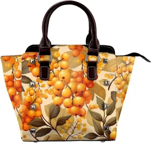 Leather Shoulder Bag for Women, Autumn Berry Leaves Fall Studded Purse Maple Crossbody Handbags Punk Hobo Bag with Adjustable Strap