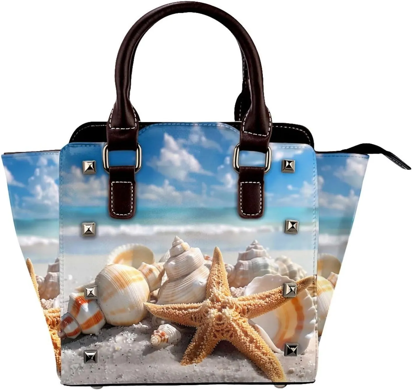 Leather Shoulder Bag for Women, Beach Seashell Starfish Studded Purse Ocean Sea Crossbody Handbags Punk Hobo Bag with Adjustable Strap