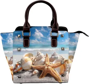 Leather Shoulder Bag for Women, Beach Seashell Starfish Studded Purse Ocean Sea Crossbody Handbags Punk Hobo Bag with Adjustable Strap