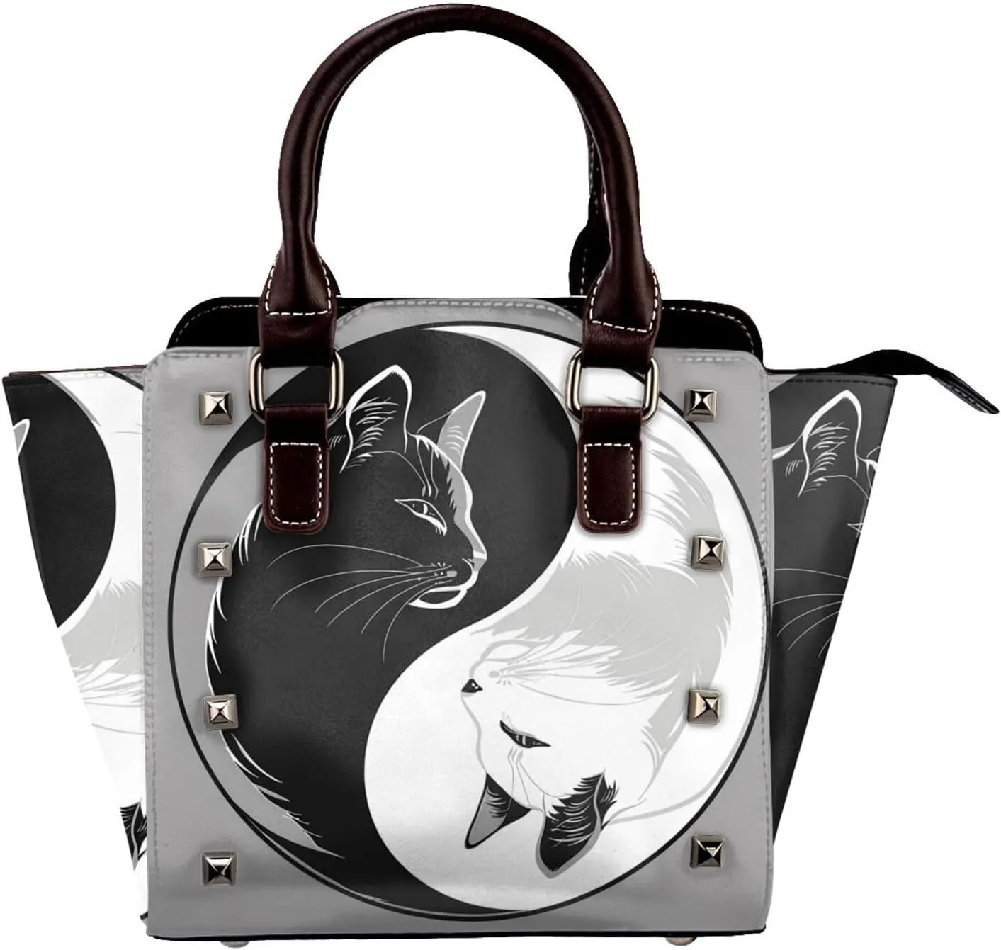 Leather Shoulder Bag for Women, Black White Cat Studded Purse Tai Chi Crossbody Handbags Punk Hobo Bag with Adjustable Strap