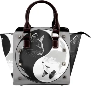 Leather Shoulder Bag for Women, Black White Cat Studded Purse Tai Chi Crossbody Handbags Punk Hobo Bag with Adjustable Strap
