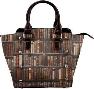 Leather Shoulder Bag for Women, Bookshelf Studded Purse Vintage Book Crossbody Handbags Punk Hobo Bag with Adjustable Strap
