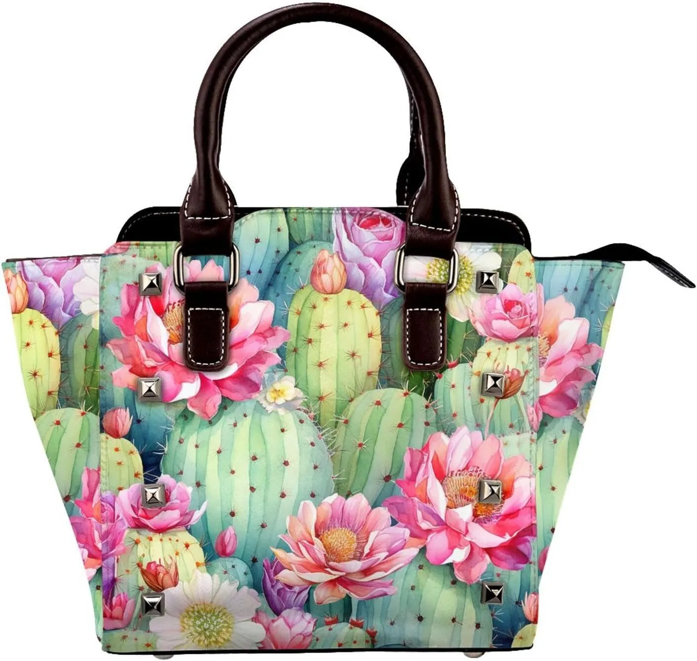 Leather Shoulder Bag for Women, Cactus Flower Studded Purse Cacti Crossbody Handbags Punk Hobo Bag with Adjustable Strap