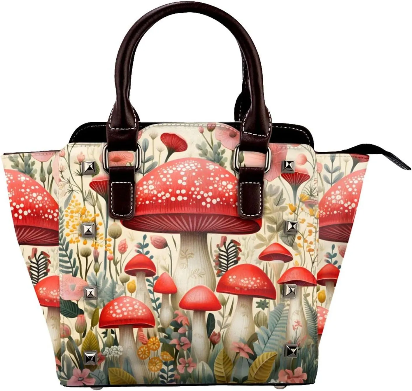 Leather Shoulder Bag for Women, Cartoon Forest Mushroom Studded Purse Spring Flower Leaves Crossbody Handbags Punk Hobo Bag with Adjustable Strap