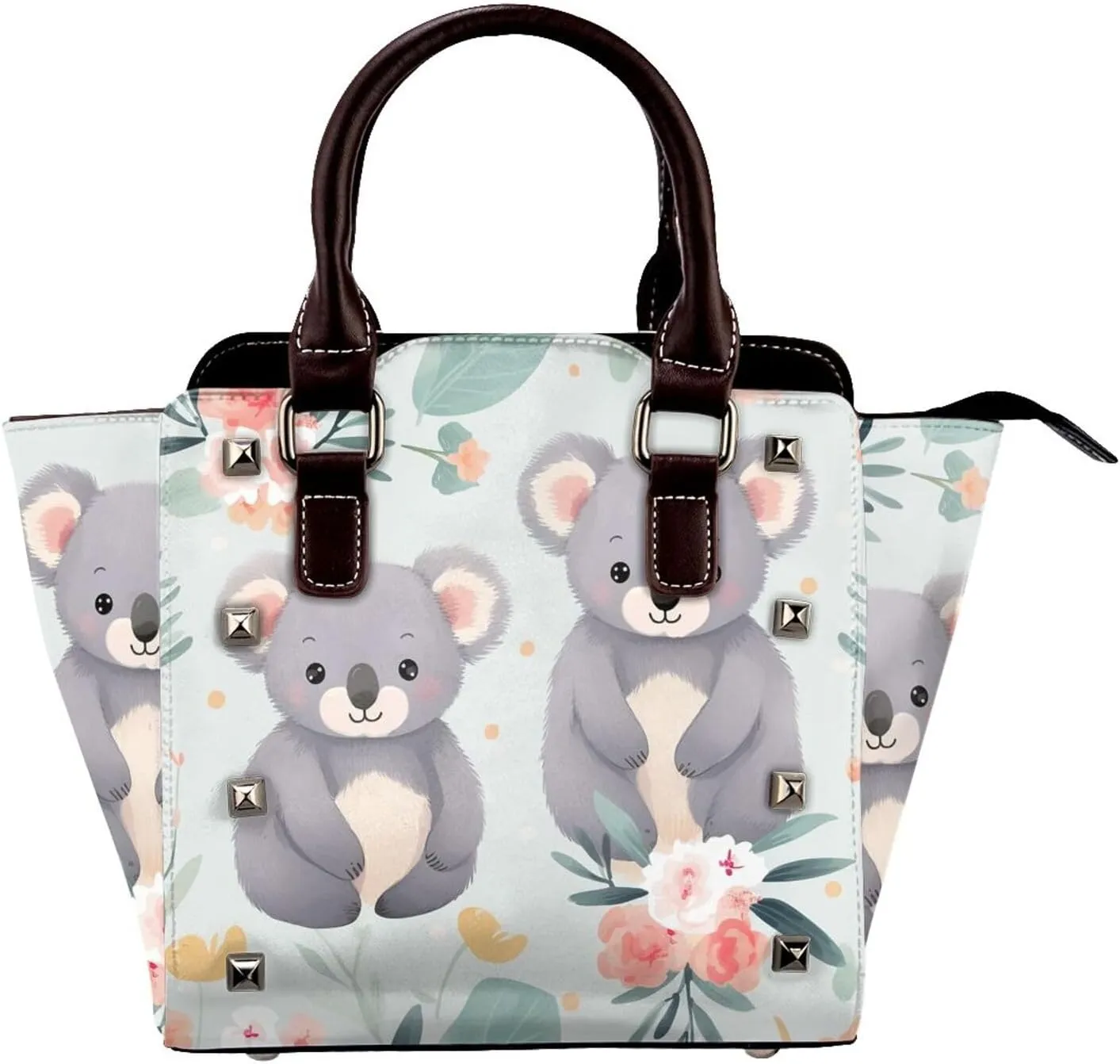 Leather Shoulder Bag for Women, Cartoon Koala Studded Purse Spring Flower Crossbody Handbags Punk Hobo Bag with Adjustable Strap