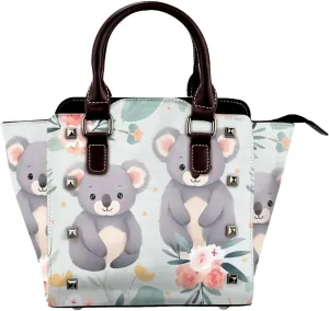 Leather Shoulder Bag for Women, Cartoon Koala Studded Purse Spring Flower Crossbody Handbags Punk Hobo Bag with Adjustable Strap