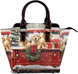 Leather Shoulder Bag for Women, Christmas Dogs Studded Purse Winter Truck Crossbody Handbags Punk Hobo Bag with Adjustable Strap
