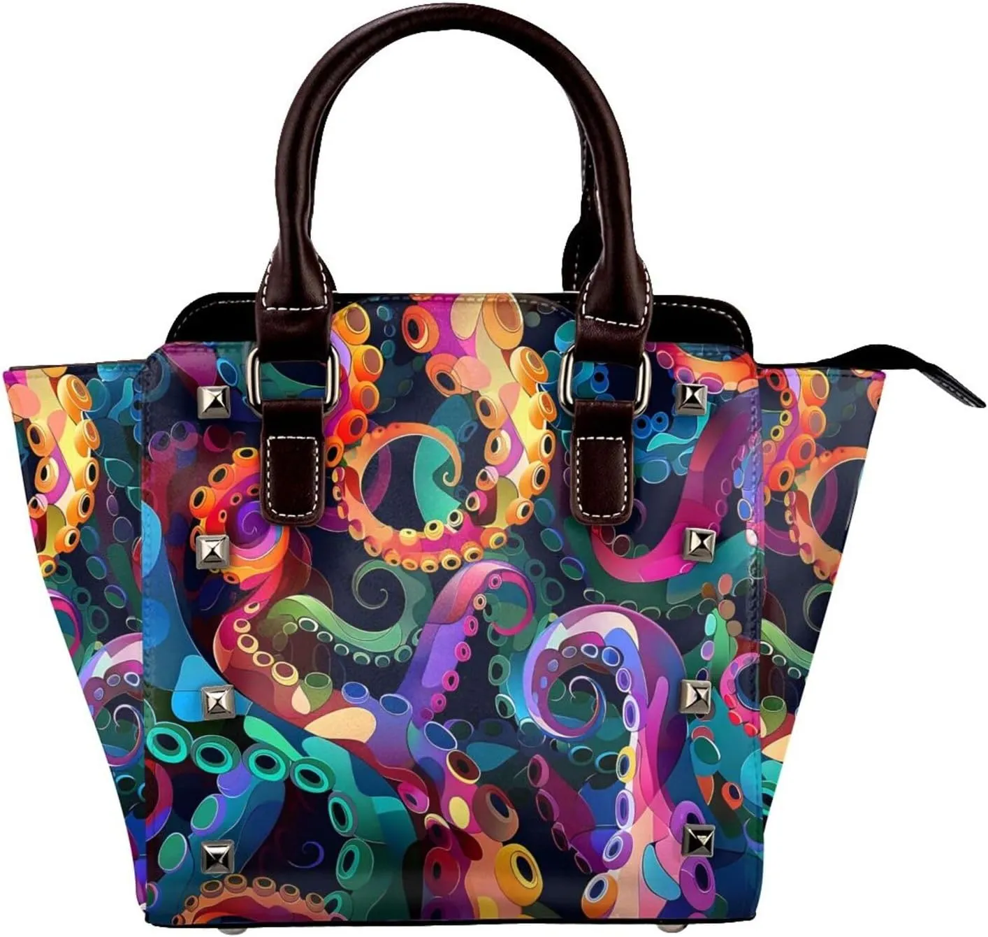 Leather Shoulder Bag for Women, Colorful Octopus Tentacles Studded Purse Sea Animal Crossbody Handbags Punk Hobo Bag with Adjustable Strap