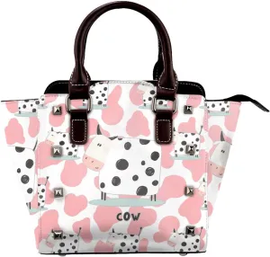 Leather Shoulder Bag for Women, Cow Dot Studded Purse Pink Cow Print Crossbody Handbags Punk Hobo Bag with Adjustable Strap